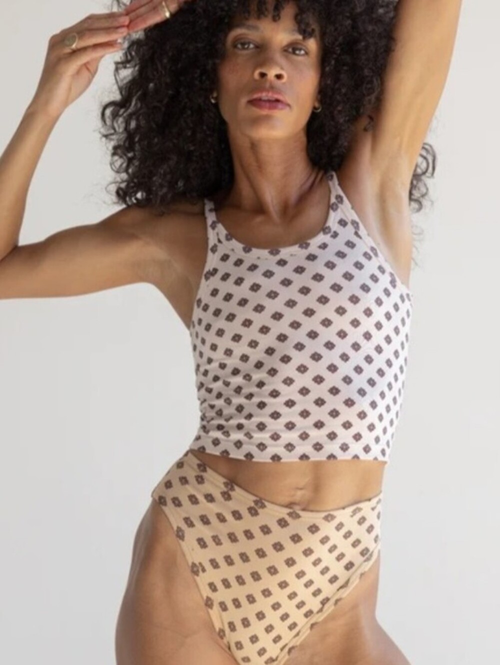 ARQ Beige and Brown Printed Rib Tank